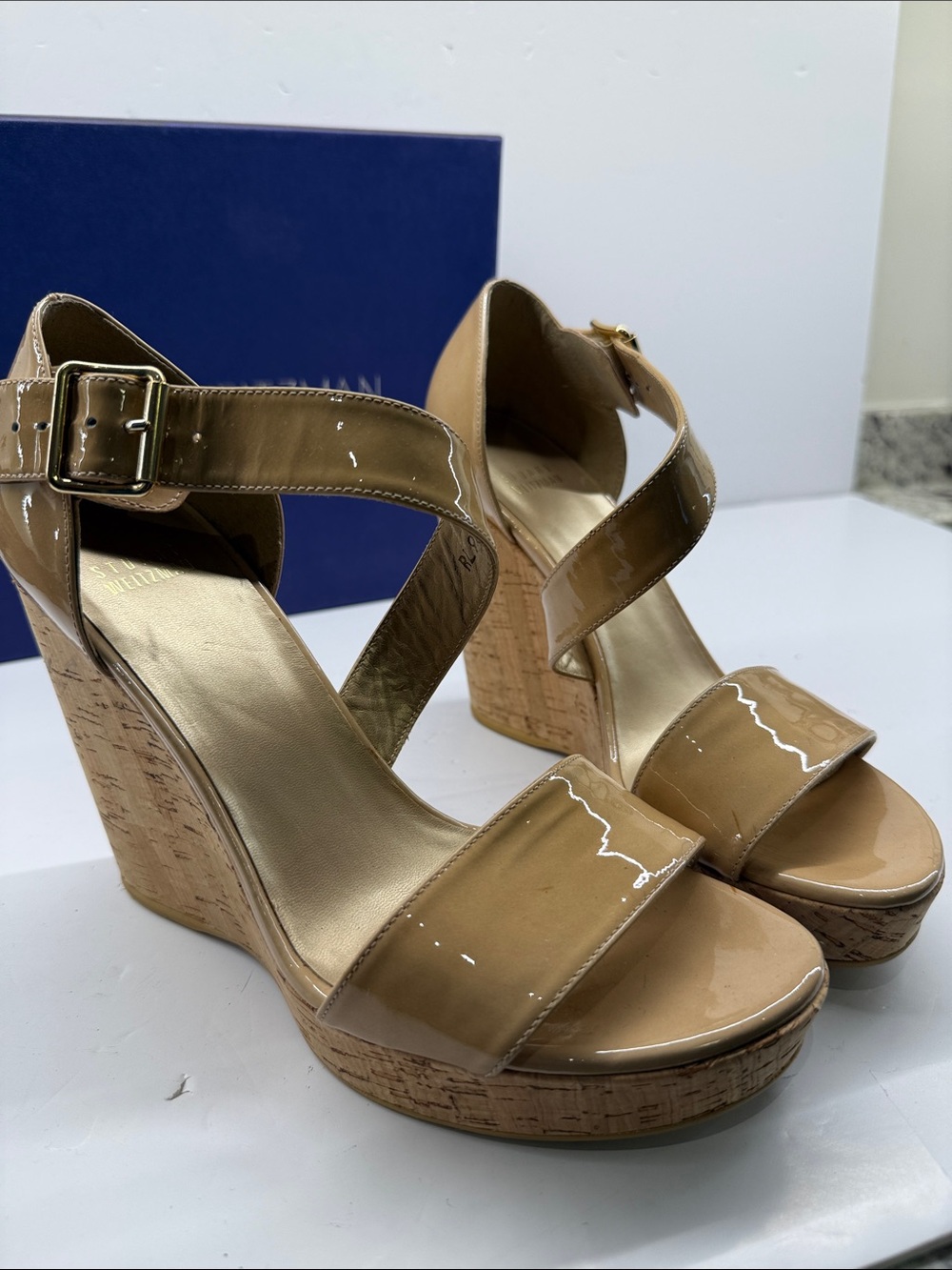 Stuart Weitzman Nude Patent Leather Cork Wedge Sandals